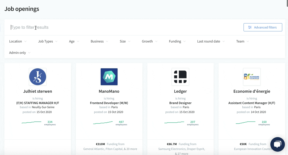 Gif showing how to filter job listings on Dealroom