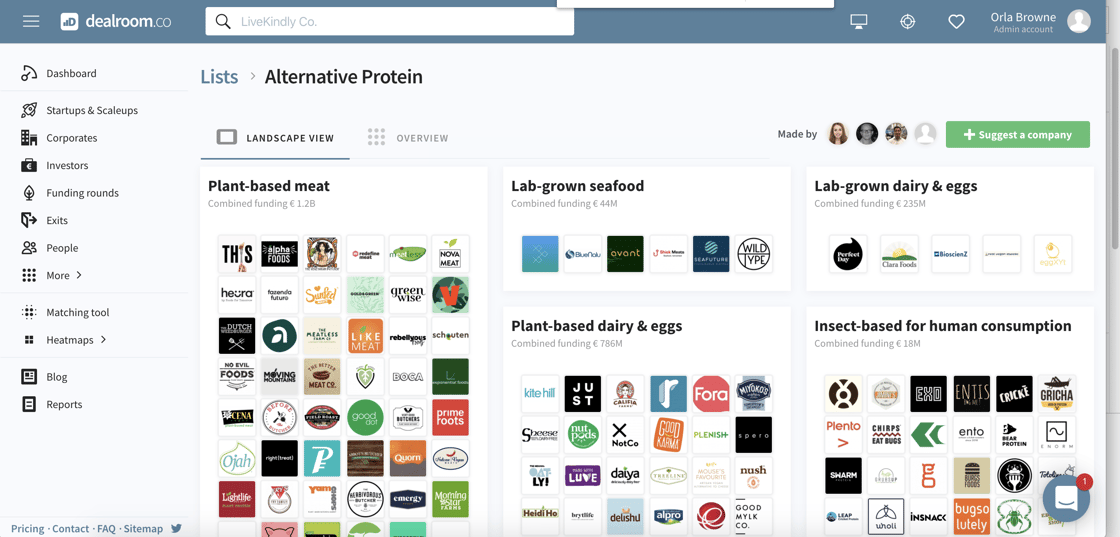 Dealroom app view showing the landscape of alternative protein startups