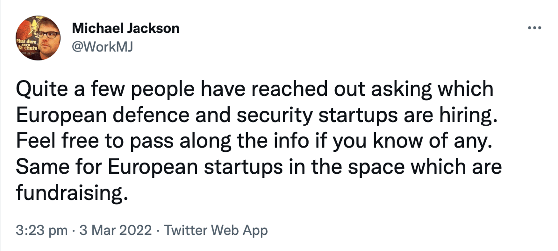 Michael Jackson tweet about people looking to join European security startups