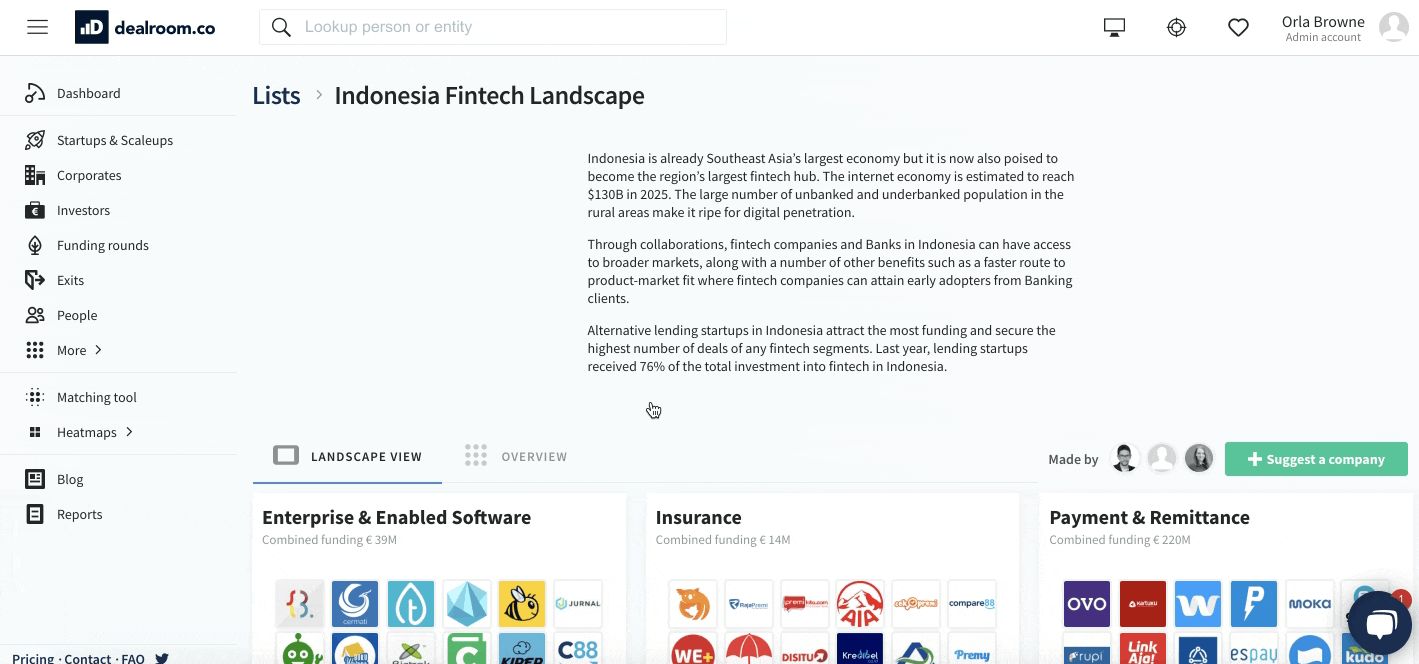 Gif showing the Indonesian fintech startup landscape on Dealroom