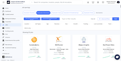 Screenshot of impact job openings listed on Dealroom platform